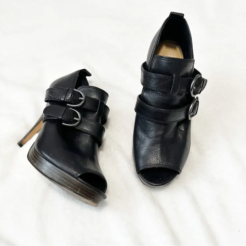 Coach Alexia black leather peep toe heels pumps size 8 sandals buckle - Picture 1 of 10